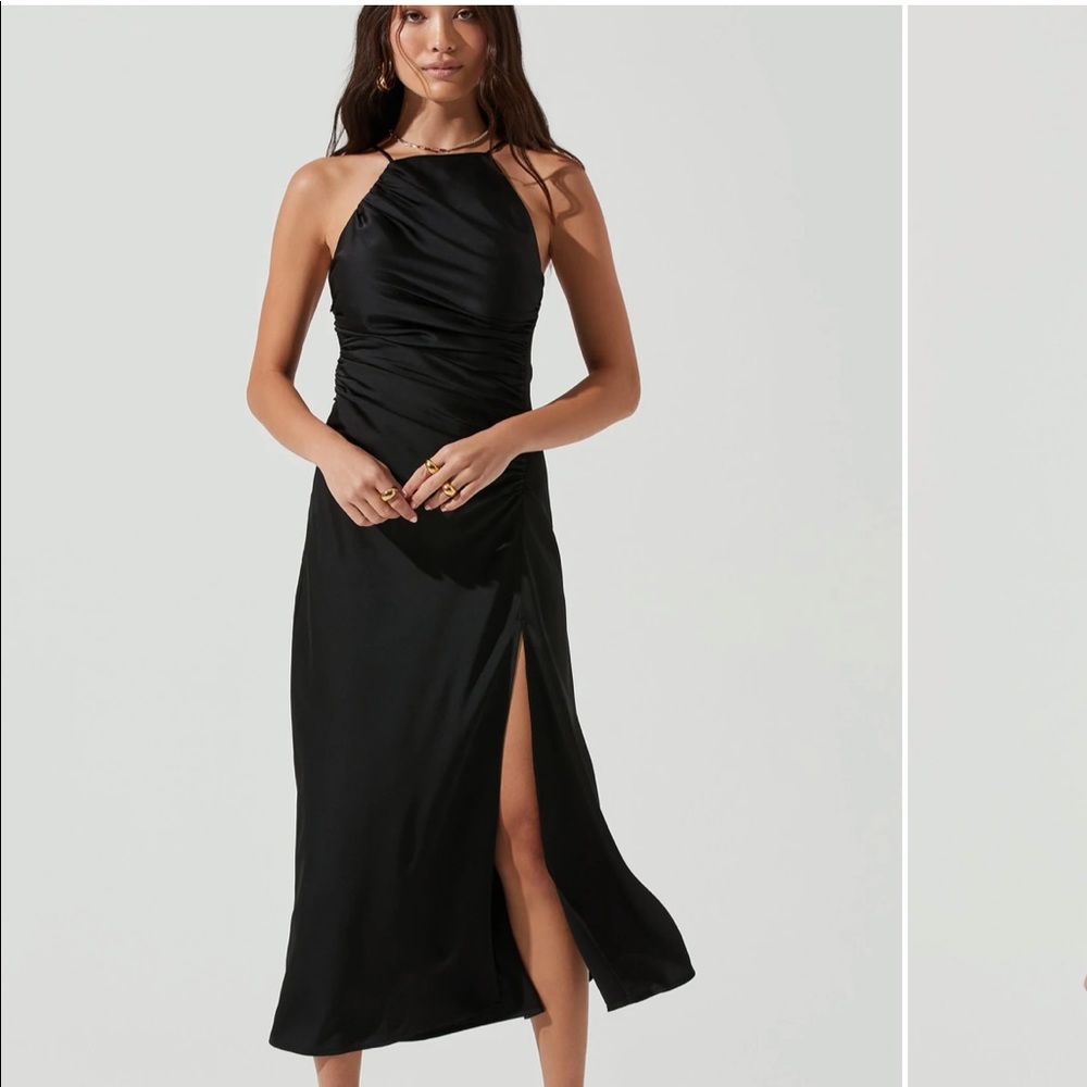 Astr front slit halter satin midi dress